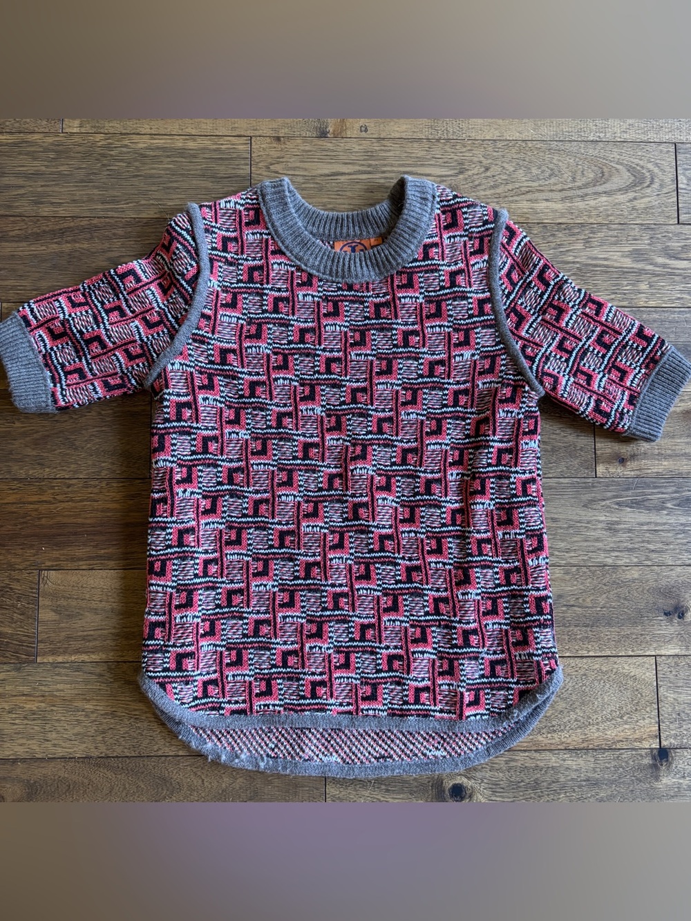 Tory Burch Geometric Knit Sweater XS Contrast Trim High Low Hem